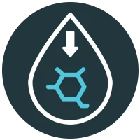 Icon of a blood drop with a downward arrow and molecular ring inside representing decrease in HbA1c levels.