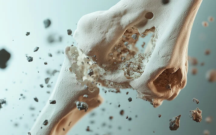 Digital illustration of a bone breaking apart with fragments flying, representing osteoporosis or bone fracture.